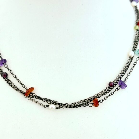 Vintage Silpada Three Strand Oxidized Sterling Necklace w/Pearls and Gemstones - Picture 2 of 5